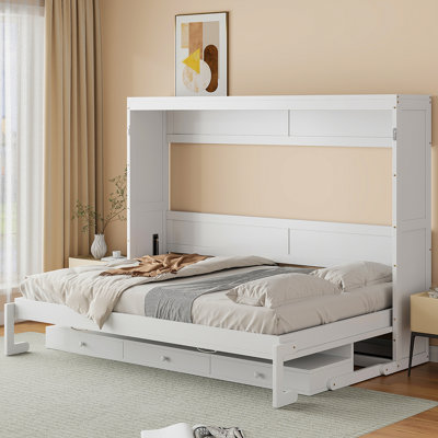 Grand lit escamotable mural avec rangement, armoire-lit pliable avec coiffeuse, miroir central et 2 tiroirs latéraux, gris vieilli