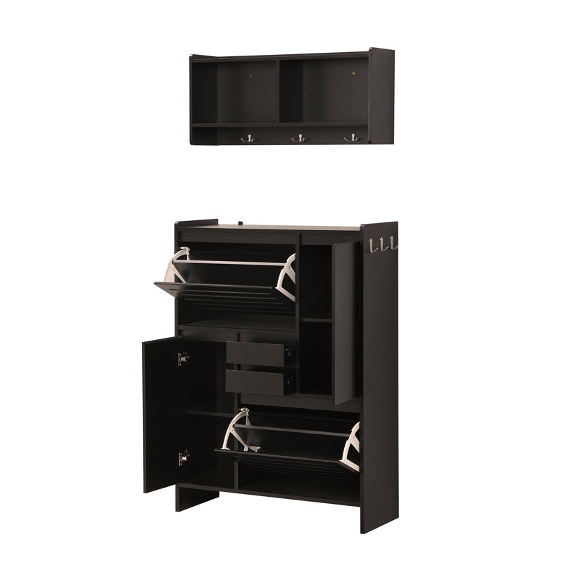 Multi-Functional Tipping Bucket Shoe Cabinet with Wall Cabinet, Space-saving Design Foyer Cabinet with 2 Flip Drawers, Black