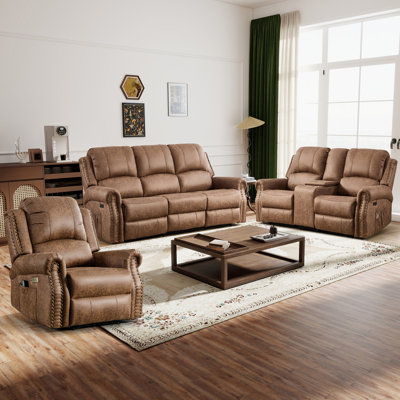 3-Piece Classic Nailhead Faux Leather Power Reclining Living Room Set