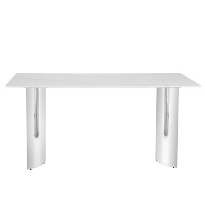 Table de salle à manger polyvalente de 63 pouces avec verre marbré, pieds en acier inoxydable et 6 sièges - idéale pour les banquets