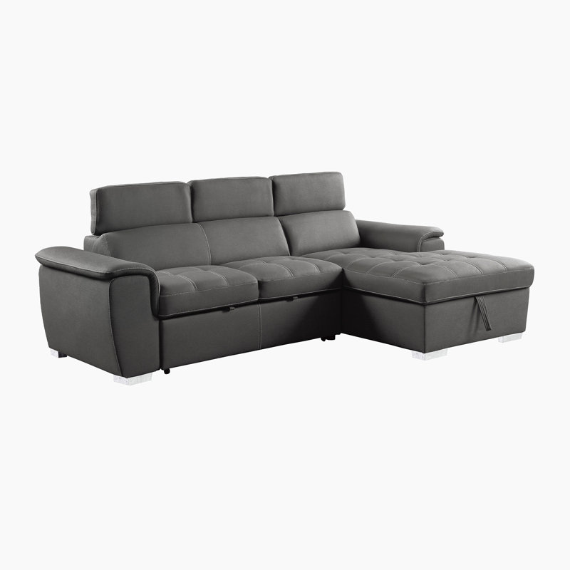 Caisse 98" Modern & Contemporary Microfiber 2-Piece Sectional Sofa with Integrated Pull-Out Sleeper Bed, Adjustable Headrests & Hidden Storage Chaise