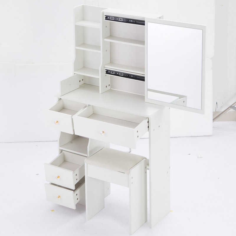 29.2" Small Space Left Drawer Desktop Vanity Table + Cushioned Stool, Extra Large Right Sliding Mirror, Multi Layer High Capacity Storage, Practical Fashionable Dresser, Suitable For Small Space