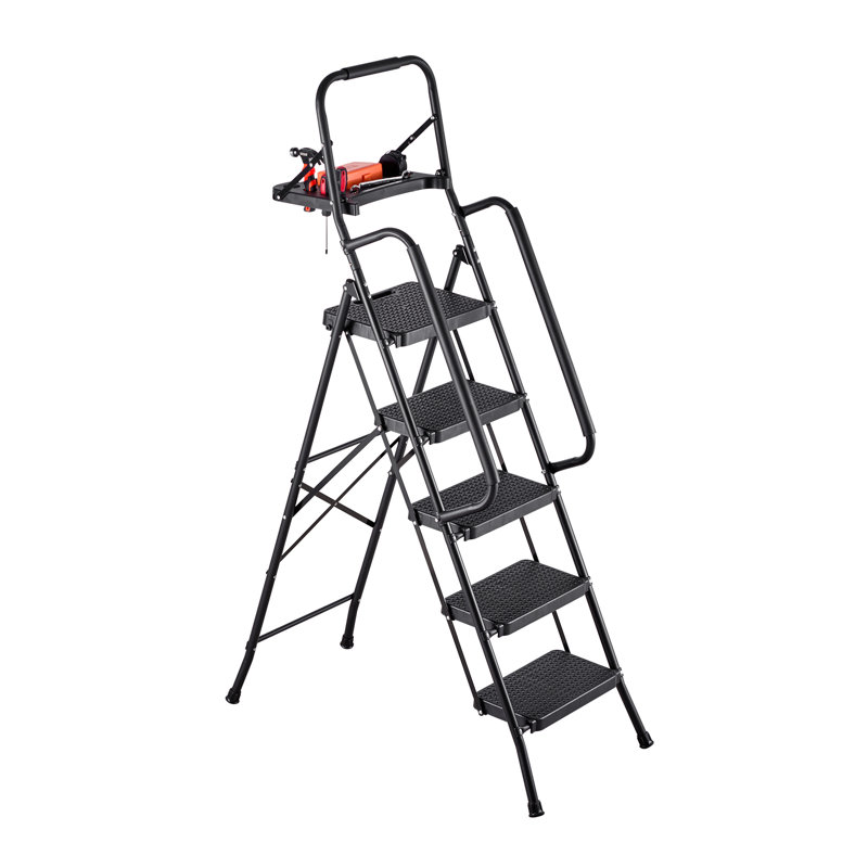 Échelle à 5 marches, escabeau pliant avec large pédale antidérapante, plateau à outils, mains courantes latérales, échelle en acier portable d'une capacité de 600 lb, multi-usage pour la cuisine, la maison, le ménage et le bureau, noir