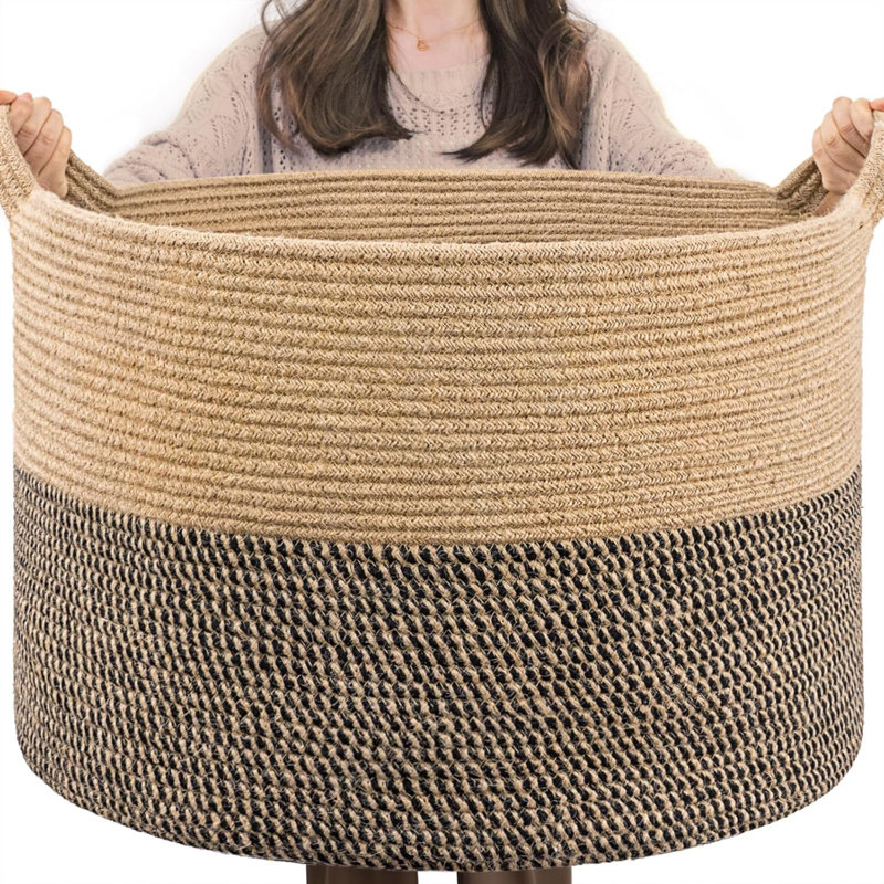 Extra Large Woven Baskets For Storage, 21.7 X 13.8 Blanket Basket Living Room Wicker Storage Basket For Organizing Woven Laundry Baskets For Toy Pillow Shoe, Entryway, Black Jute