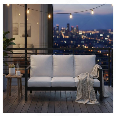 Canapé de patio 75 po 3 places en aluminium toutes saisons avec coussins épais gris clair et structure noire