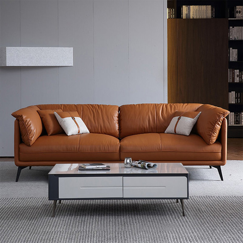 Causeuse coussin orange en cuir véritable, H 33,46 po x l 82,68 po x P 37,4 po