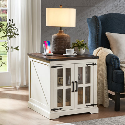 Keyaun 24"W Farmhouse Square End Table with Charging Station& Barn Glass Door, Adjustable Storage Shelf
