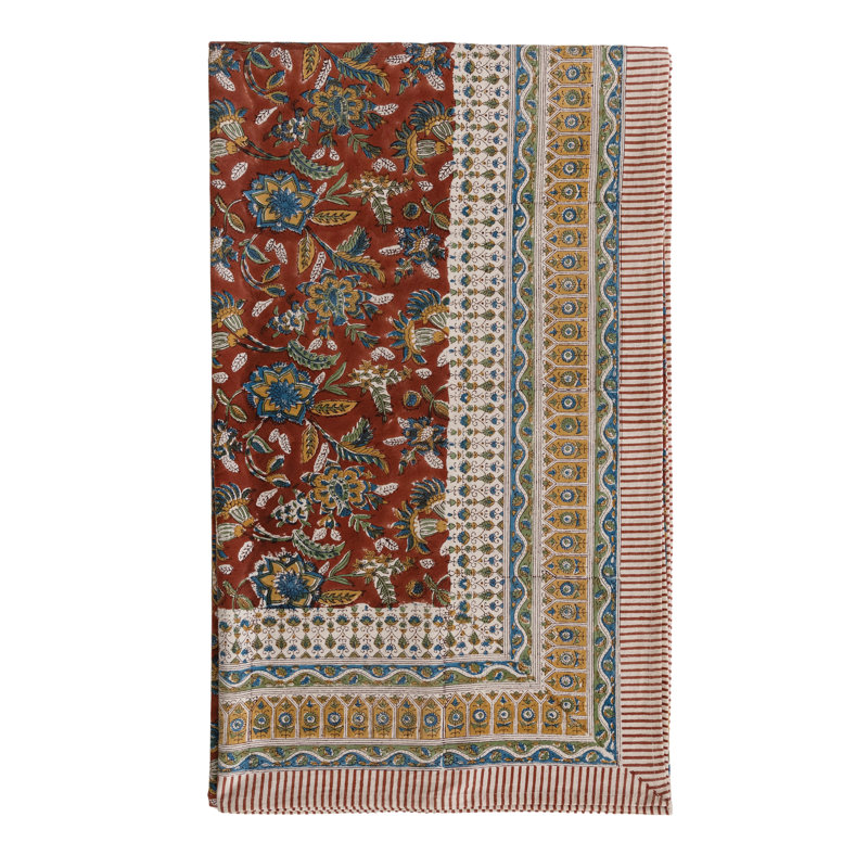 Nappe en coton et lin imprimée à la planche avec motif floral