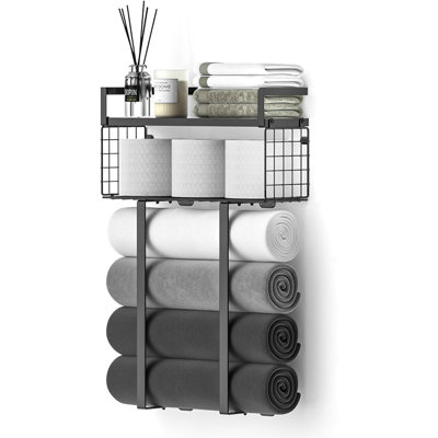 Towel Racks For Bathroom, Metal Towel Holder With Storage Basket,wall Towel Rack For Rolled Towels, Towel Storage For Small Bathroom,black