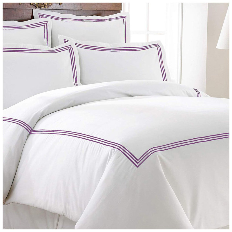400TC Cotton Triple Embroidery Sateen Solid Duvet Cover Set, White/Lilac, Full/Queen Duvet Cover