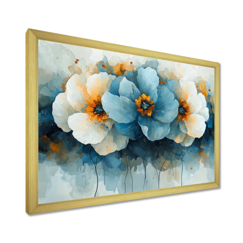 Sillent Arrangement Of Poppies Aqua I - pivoines, art mural, H 12 po x l 20 po, Cadre doré simple