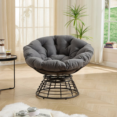 Comfortable Ergonomic Wicker Papasan Chair, 360° Swivel Indoor Outdoor Rattan Chair With Soft Thick Cushion, Ideal For Living Room, Bedroom, Reading Room, Brown Frame With Grey Cushion