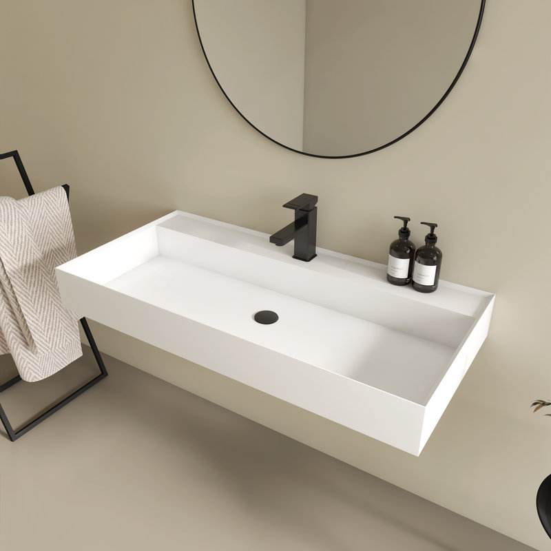 39" Wall Mount Bathroom Vanity, Modern Stone Resin Bathroom Floating Vanity With Single Faucet Hole