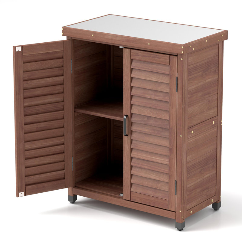 Potting Bench with Storage Cabinet and Metal Table Top for Outdoor Patio, Brown