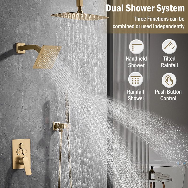 12 Inch Rain Shower System, Brushed Gold Shower Faucet Set with Push Button Diverter, 6 Inch Wall Mounted 3-Functions Bathroom Shower Systems with Dual-Function Handheld