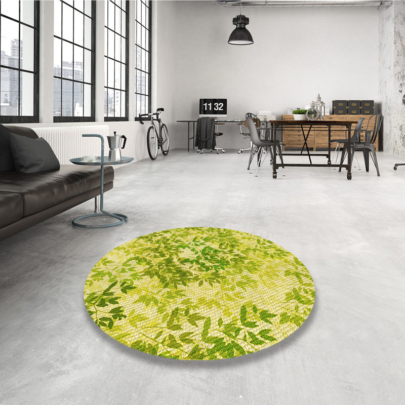 Tapis vert à motif floral, Rond 5 pi