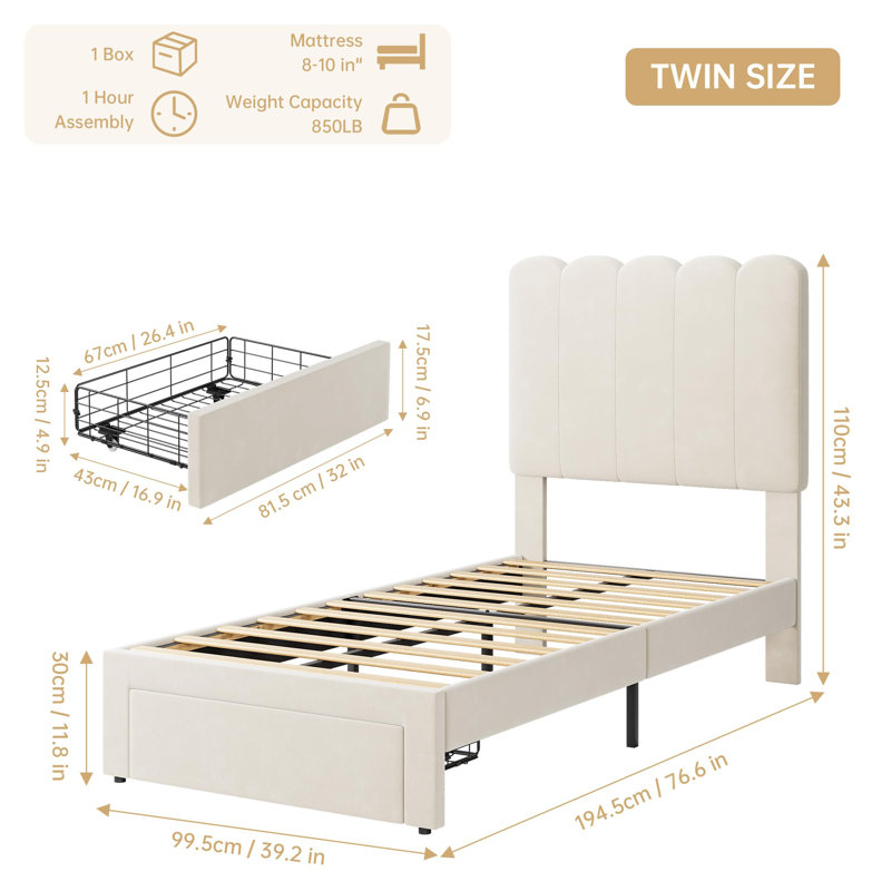 Structure de lit simple avec tiroir sous le lit, lit plateforme tapissier en velours, Blanc