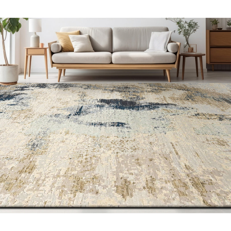Hand Knotted Abstract Area Rug in Beige/Gold/Navy