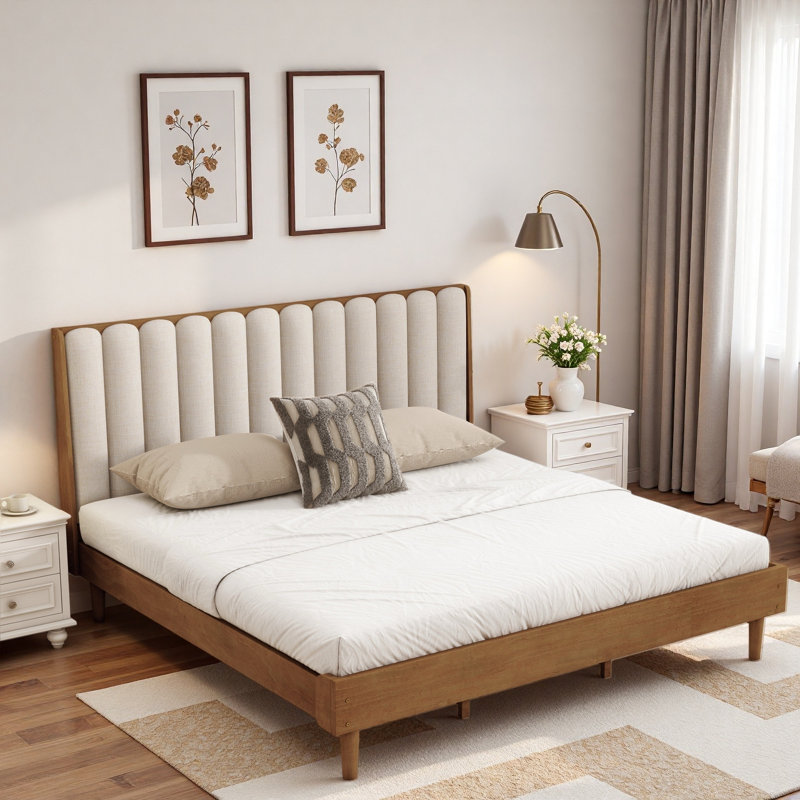 Lit en bois avec tête de lit tapissier et base de lit renforcée, Roi
