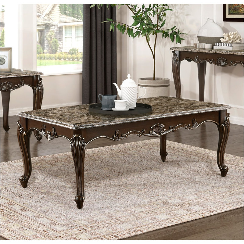Cocktail Table with Marble Top and Cherry Finish, 51-Inch Rectangular, Classic Brown