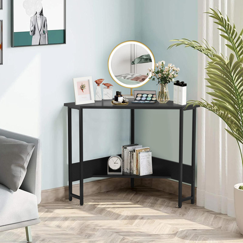 Corner Metal Base Computer Desk with Power Outlet, Black