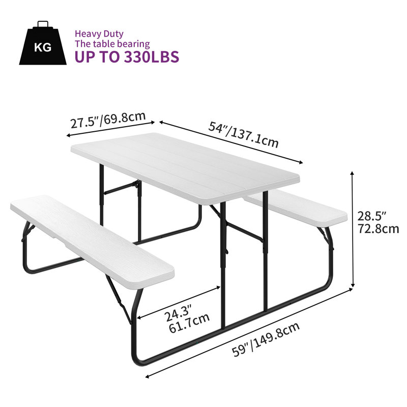 Ensemble de table de pique-nique Nadabus, H 29 po x l 27,5 po x L 54 po, Blanc