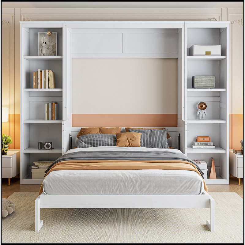 Lit escamotable double avec bureau et bibliothèque, blanc