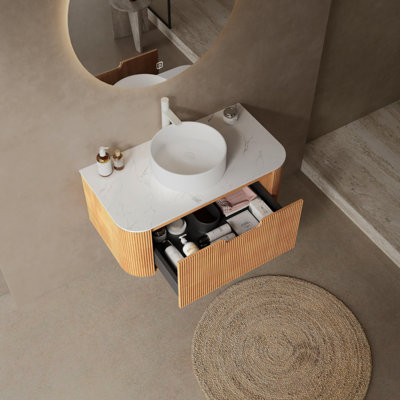 Meuble-lavabo de salle de bain avec lavabo, armoire de rangement de salle de bain à bords arrondis flottants avec tiroir, lavabo en marbre artificiel sans robinet, pré-assemblé,