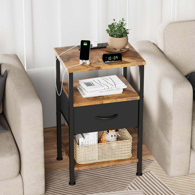 Night Stand With Charging Station, Adjustable Bed Side Table With Fabric Drawer, Farmhouse End Table, Bedside Table With Storage, Rustic Brown