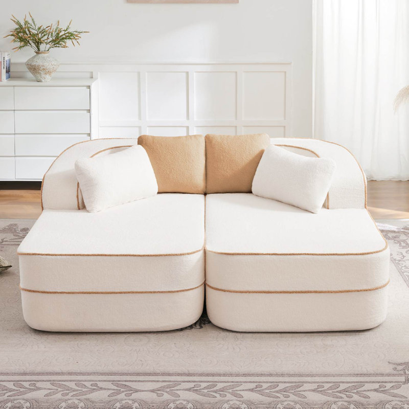 77.2" Teddy Fabric Boneless Sofa Bed, White Teddy