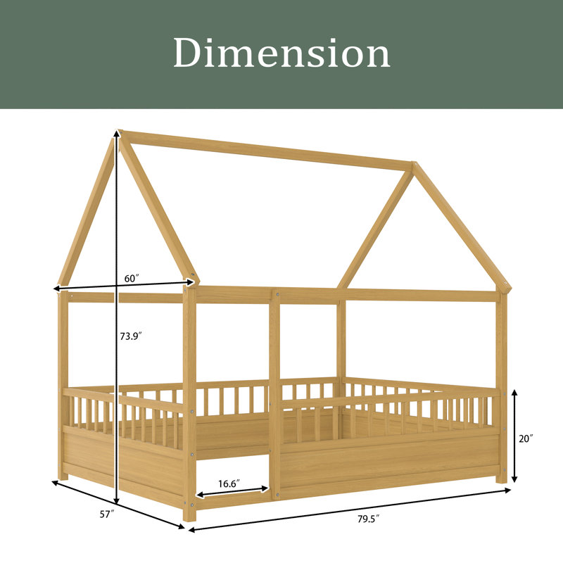 Floor Bed With House Roof Frame, Fence Guardrails, Full