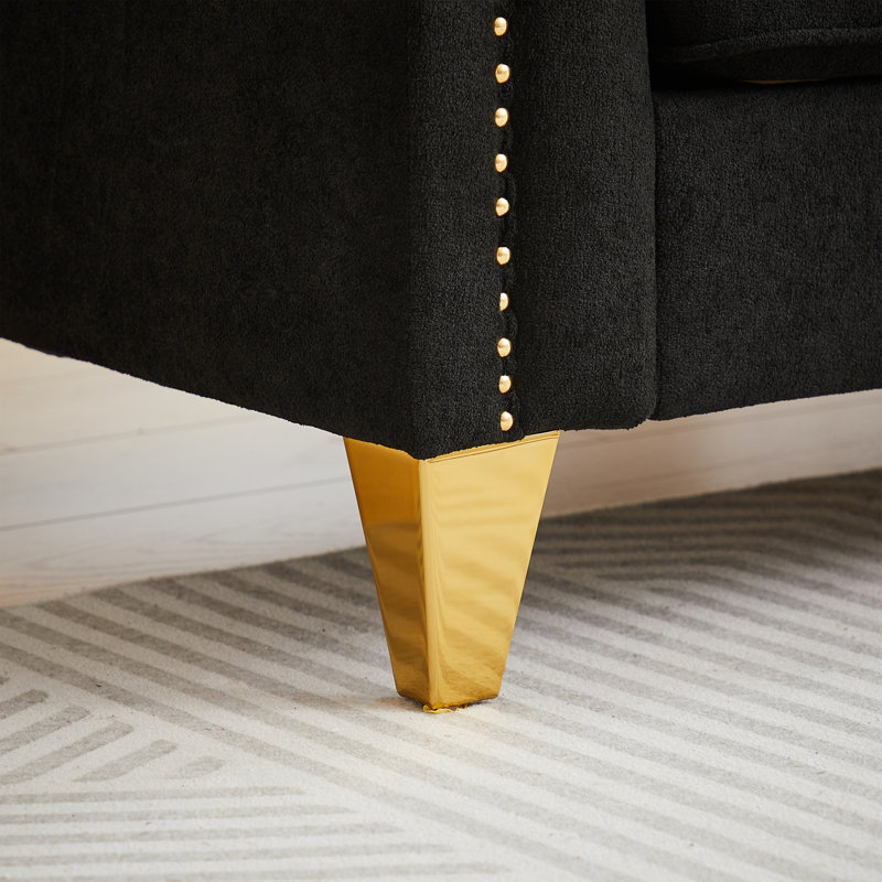 " mid-century modern chenille sofa | tufted buttons & copper nail armrest | 2 pillows | metal legs | stylish living room couch