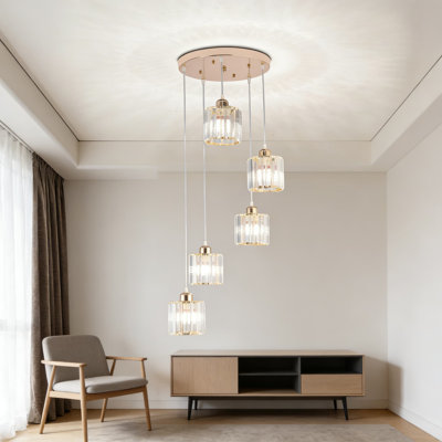 Modern Crystal Chandelier With Adjustable Height For High Ceilings, 5-Light Raindrop Pendant Fixture For Dining Room, Foyer, And Living Room