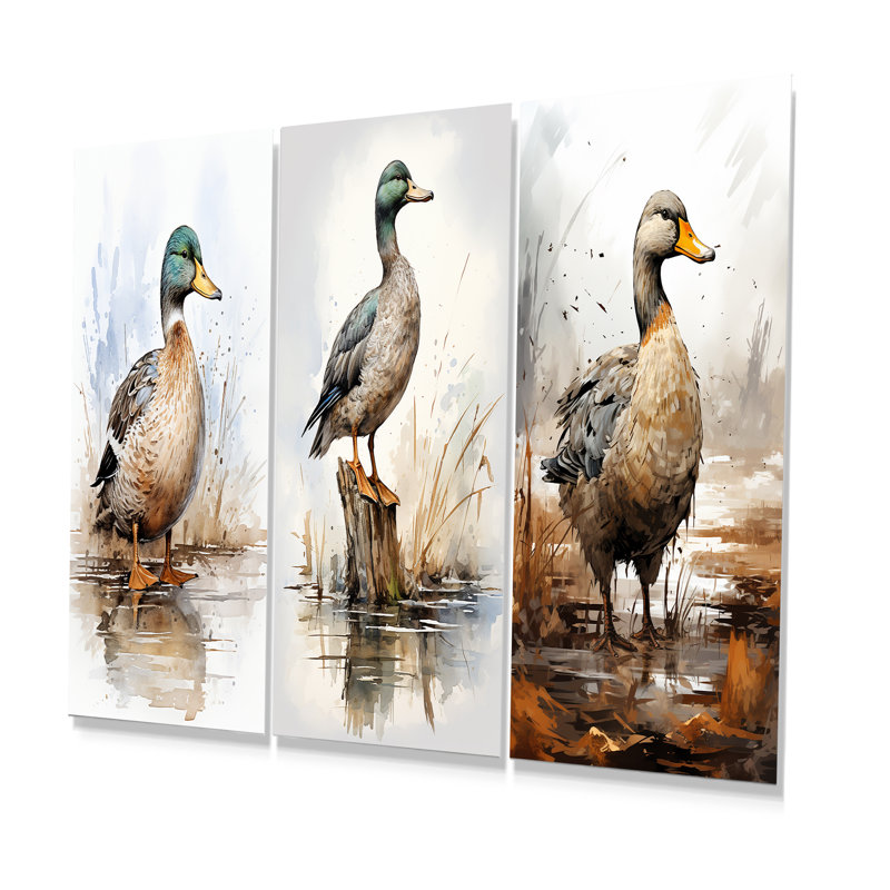 Minimaliste canard colvert à l'étang II - ensemble de 3 reproductions d'art en métal, H 28 po x l 36 po