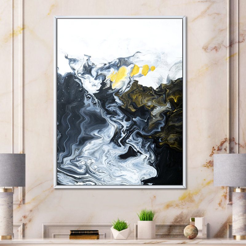 Or blanc et nuages de marbre jaune I - peinture sur toile, H 44 po x l 34 po, Cadre flottant blanc