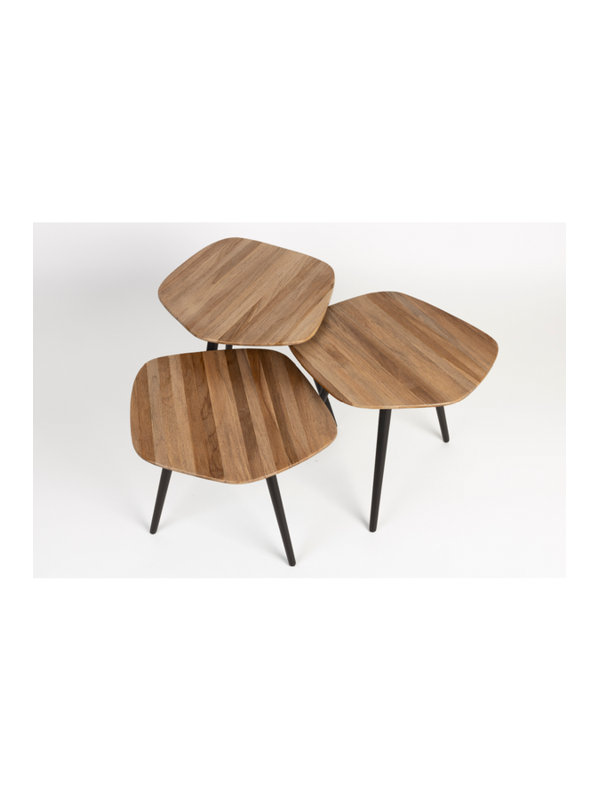 Natural Teak and Black Iron Nesting Coffee Table Set