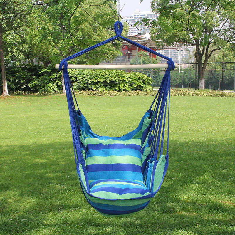Blue and Green Striped Hanging Hammock Chair with Cushions