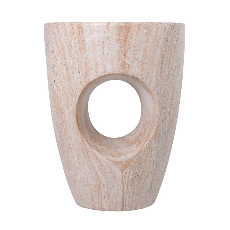 Hennis 19.29"H Modern Round Magnesium Oxide Side Table with Cutout Accent, Beige Marble