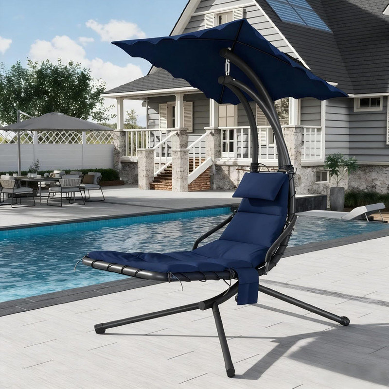 Chaise longue avec balancelle et parasol, Bleu