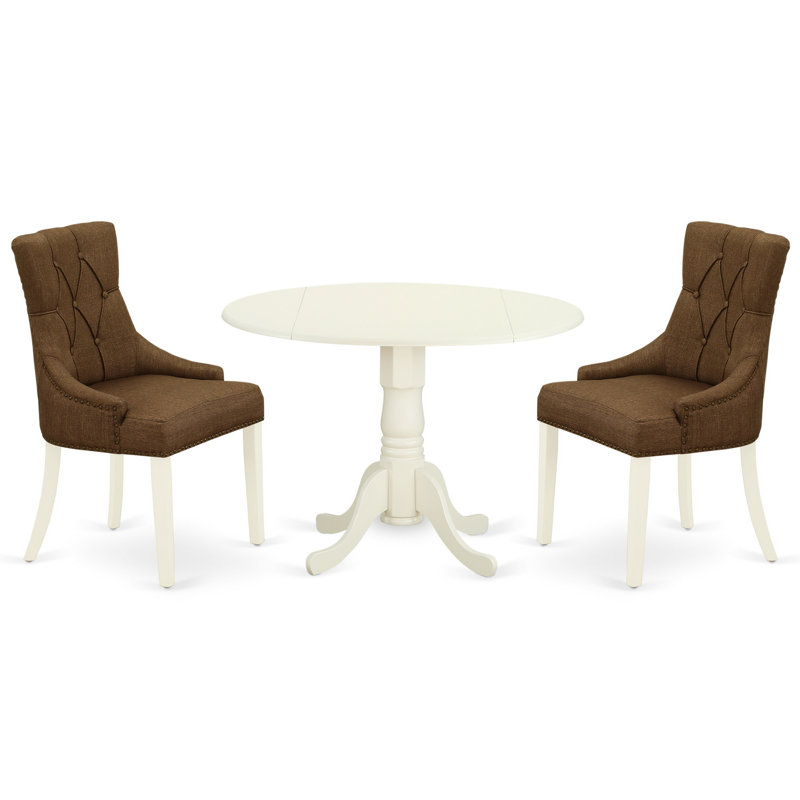 L'ensemble de mobilier de salle à manger 3 pièces comprend une table de salle à manger ronde avec Dropleaf et 2 chaises rembourrées en tissu de café noir, lin blanc