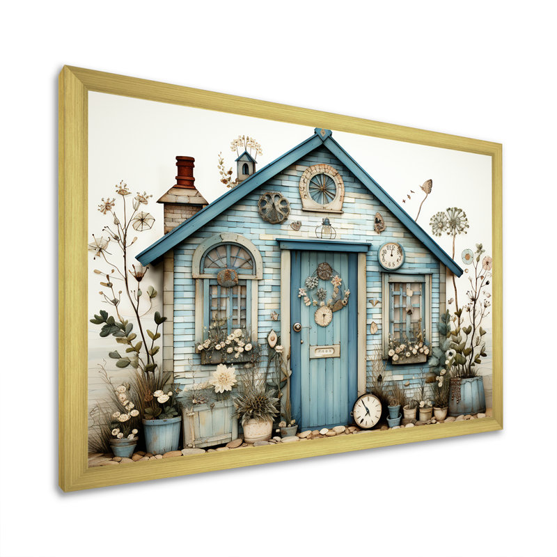 «Blue Beach House Collage Tranquility», art mural sur toile, Cadre d'angle fermé doré, H 20 po x l 12 po x P 1 po