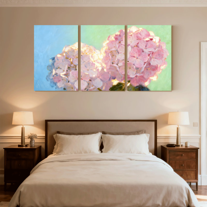 Hortensia fleurs roses sur fond bleu et vert, ensemble de 3 impressions sur toile, H 30 po x l 60 po