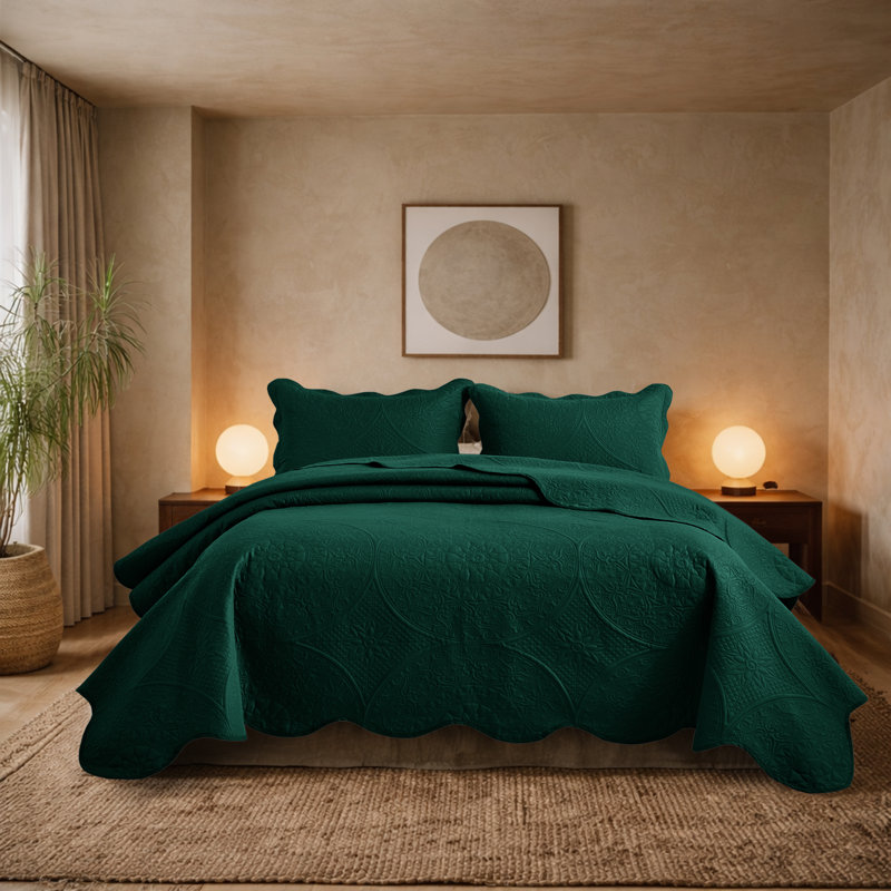 Floral Embossed Microfiber Quilted Bedspread Set, Emerald, California King Bedspread + 2 King Pillowcases