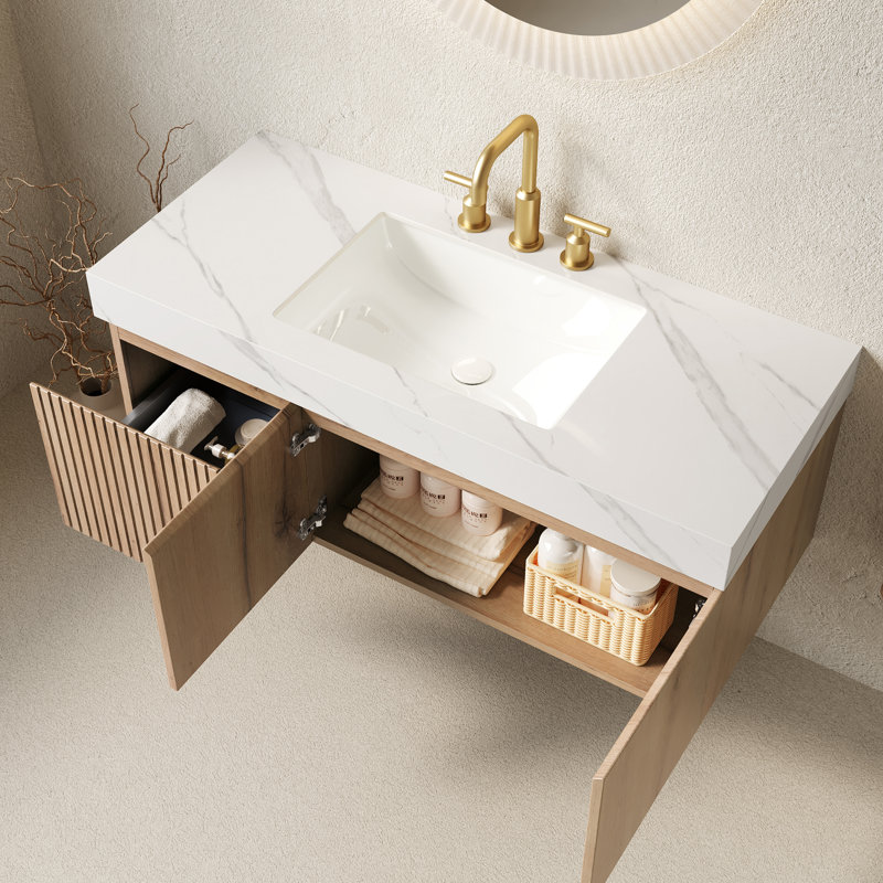 Meuble-lavabo moderne, lavabo et armoire 48 po, chêne blanc et pierre de Carrare