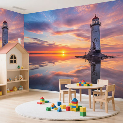 Papier peint adhésif autocollant phare debout piscine eau superbe coucher de soleil lever du soleil réflexion Papier autocollant amovible pour mur de salon H 100 po x l 144 po
