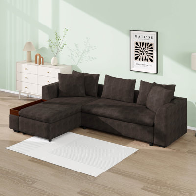 Canapé modulaire en forme de L 93,7 po avec compartiment de rangement en bois, canapé-lit et méridienne rembourrés en chenille et coussins décoratifs