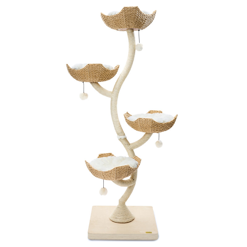 73'' Tall Beige Sisal and Wood Modern Cat Tree Tower