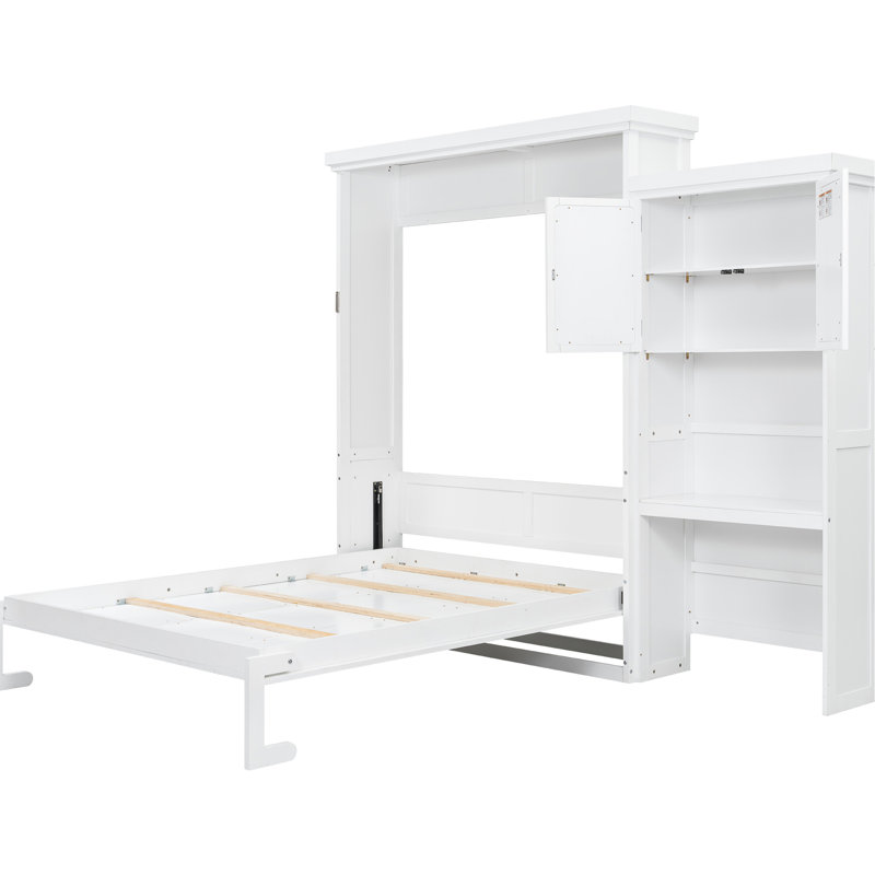Grand lit, tablettes à persiennes blanches, conception durable en pin et peu encombrant