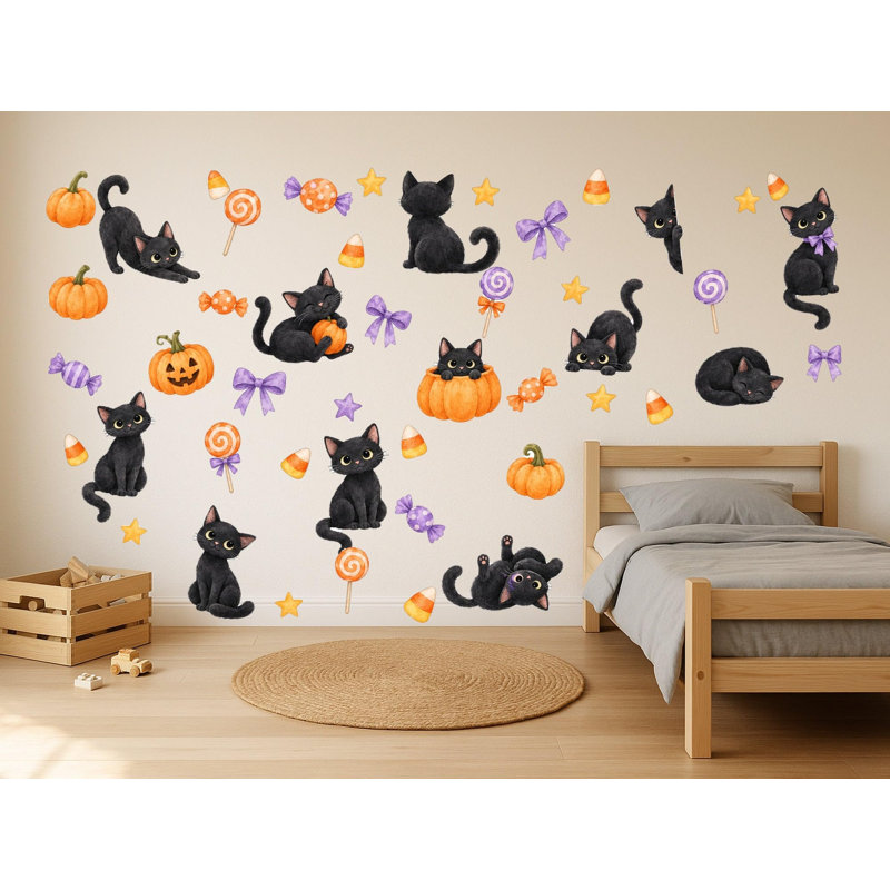 Black Cat Wall Decals, Set of 47 Peel and Stick Nursery Wall Stickers, Satin Finish Removable Kids Room Wall Art, 20"W x 20"H (50 x 50 cm)