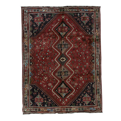 Tapis rouge, noir, bleu et blanc noué à la main de haute qualité